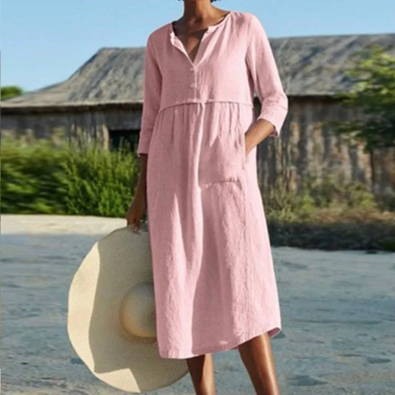 

Long Dress Women Linen Cotton Pocket Dress Summer Half Sleeve Party Dresses Ladies Loose OL Dresses Beach Dress Vestido Casual