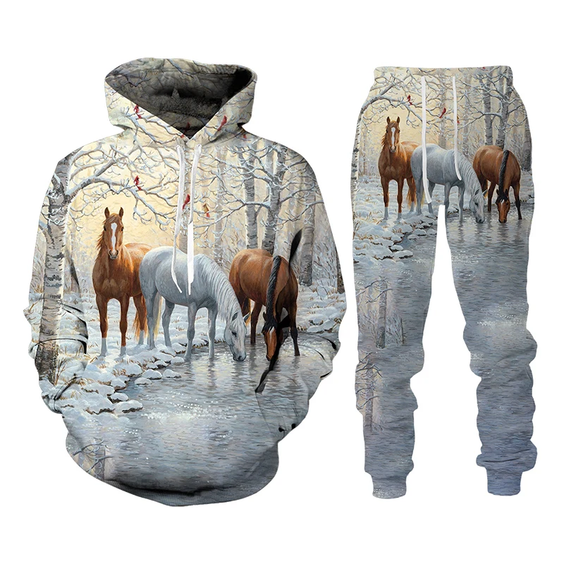 Animal Horse 3D Print Hoodie Pants Set Unisex Long Sleeve Men Tracksuit Pullover Hooded Sweatshirts Casual Men's Clothing Suit unisex isolation hooded long sleeve coverall hazmat suit protection protective disposable factory hospital safety clothing