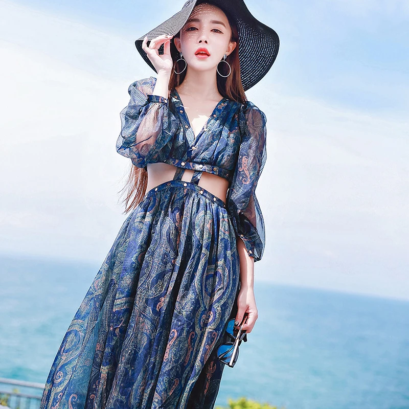 

Ladies Catwalk Sexy Hollow Luxury Rivets V-Neck Lantern Sleeves Party High-End Dress Vacation Blue Sexy Dress 2021 New Vestido