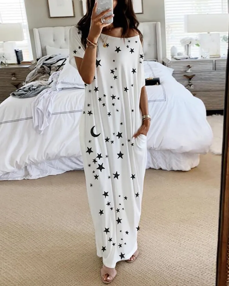 

2020 Summer New Hot Sale Women's Fashion Slim Sexy Star Moon Print Short Sleeve Long Dress Plus Size