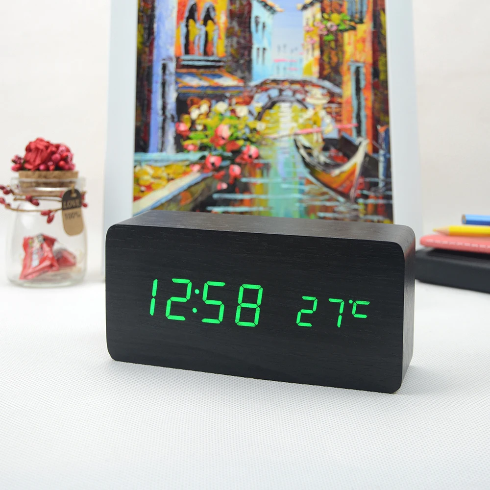 Электронный светодиодный цифровой Деревянный будильник часы с отображением