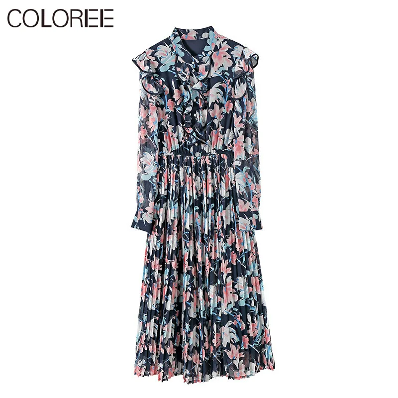 

Korean Fashion Floral Printed Chiffon Dresses for Women 2021 Spring Elegant Ruffles Long Sleeve Pleated Dress Vestido De Mujer