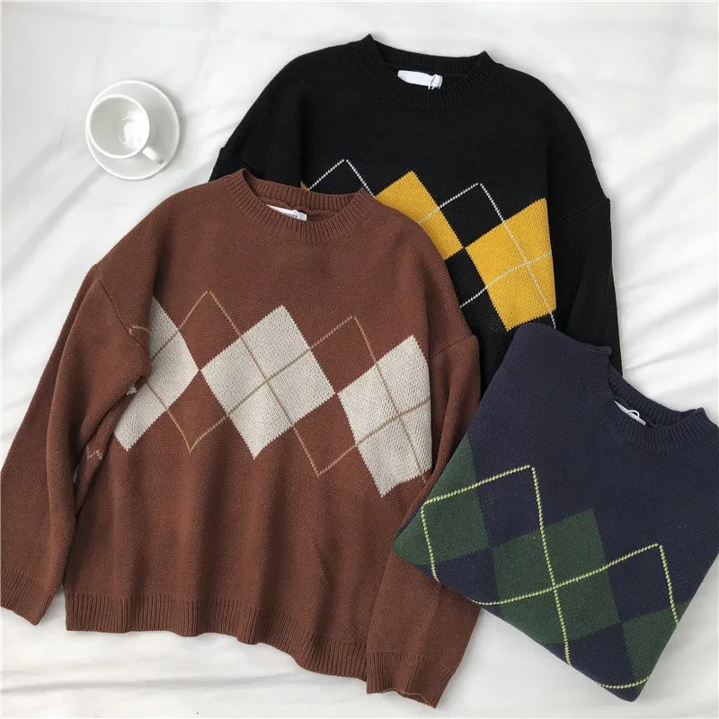 

Knitted Sweater Women Argyle Oversize Sweaters Korean Pullovers Ladies Winter Loose Sweaters Female Casual Jumper Ropa De Mujer