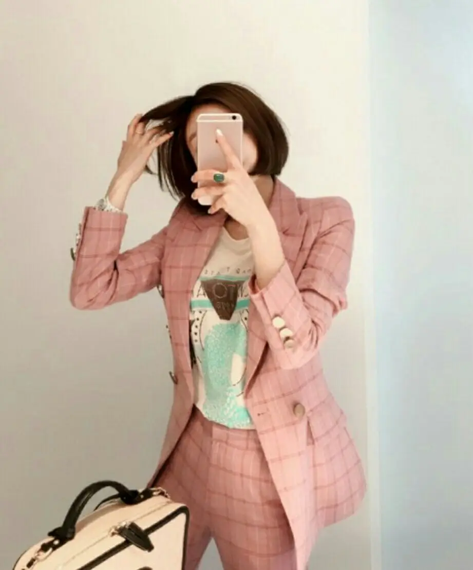 2019 осенний женский костюм из двух предметов однобортный пиджак в клетку + штаны с