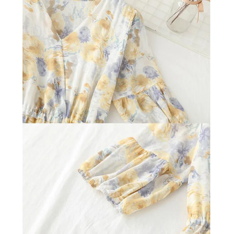 

Women Summer Dress 2021 Bohemian Floral Print Sweet V-Neck Puff Sleeve Ruffles Dresses High Waist Long Dress Female Vestidos