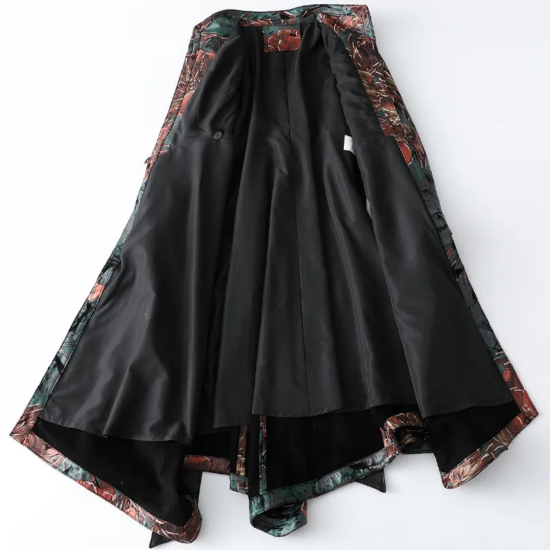 Vintage Printed Sheepskin Female Long Jackets Real Fur Spring Chic Slim Coat Outwear High Quality Leather Jacket with Sashes