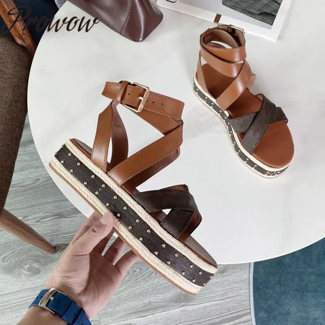 

Prowow New Spring Summer Letter Printed Metal Deco Luxury Brand Sandals Open Toe Platform Sandals Shoes Women Zapatos Mujer