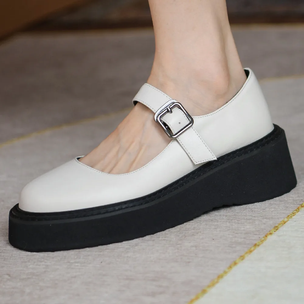 

Women's genuine leather thick sole platform flats metal buckle mary jane female soft comfortable daily footwear casual shoes hot