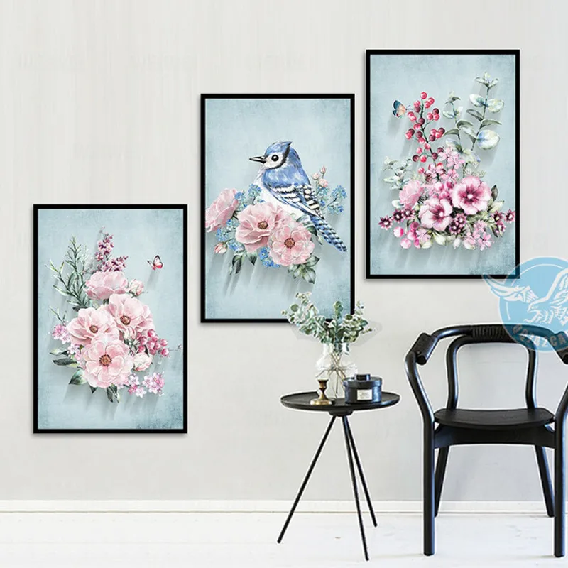

American Style Pink Flowers Modern Decoration Blue Birds Wall Art Pictures Canvas Print Painting For Living Room Home Decor