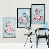 american style pink flowers modern decoration blue birds wall art pictures canvas print painting for living room home decor