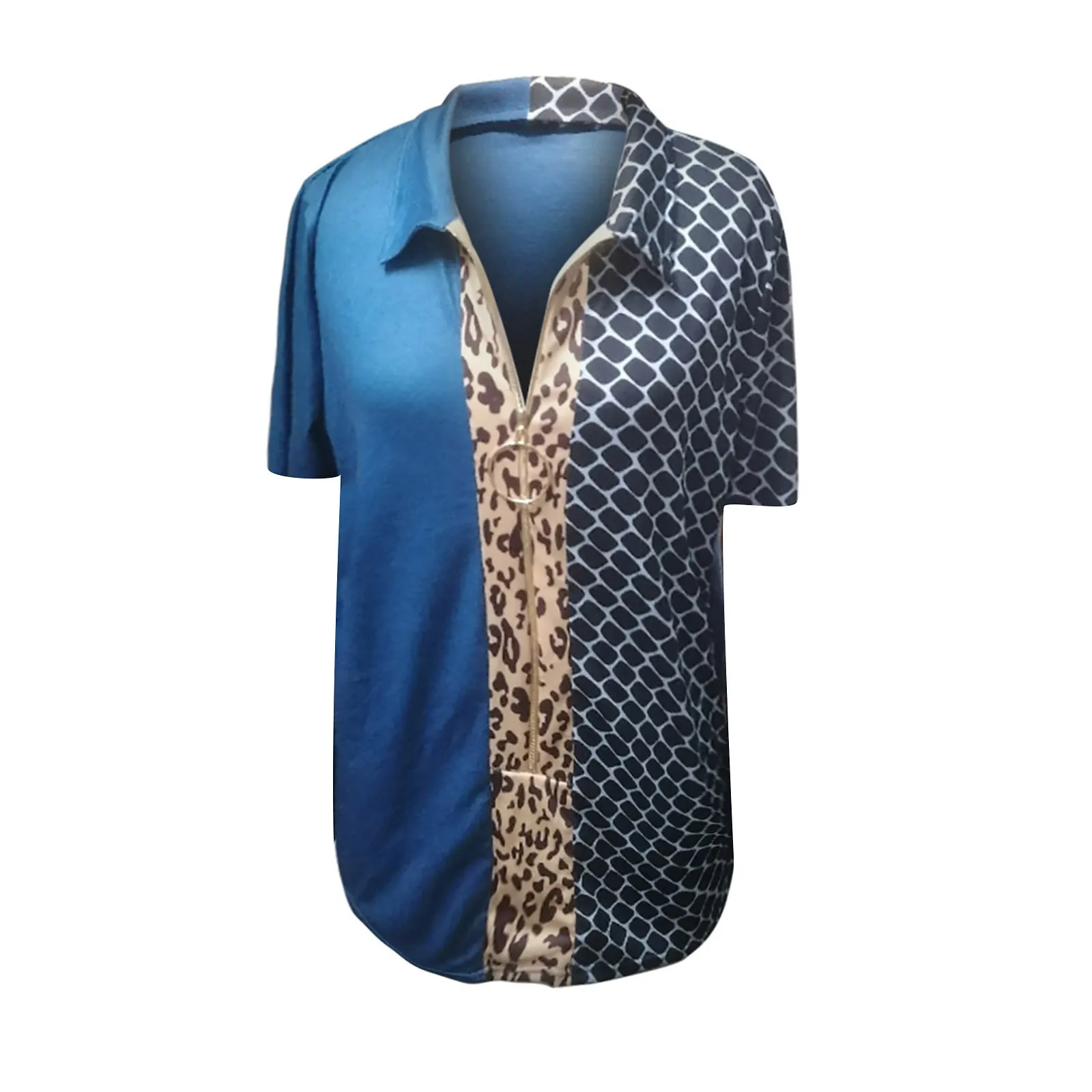 

Zip-up T-shirt Women's Casual Fashion Print Zipper Lapel Color Blocking Short-sleeved Shirt #011