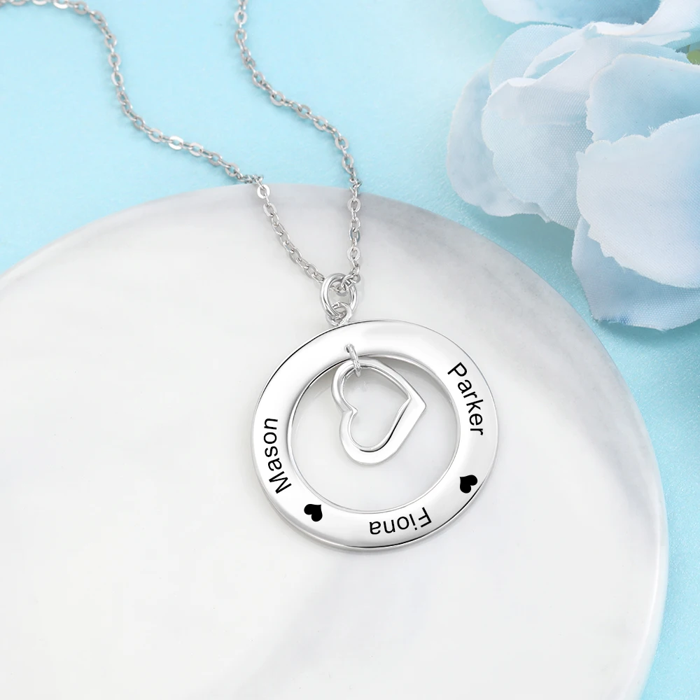 Personalized Heart &amp Circle Pendant Necklace Customize Engraved Family Name Necklaces for Women Jewelry Gift (JewelOra NE103632) |