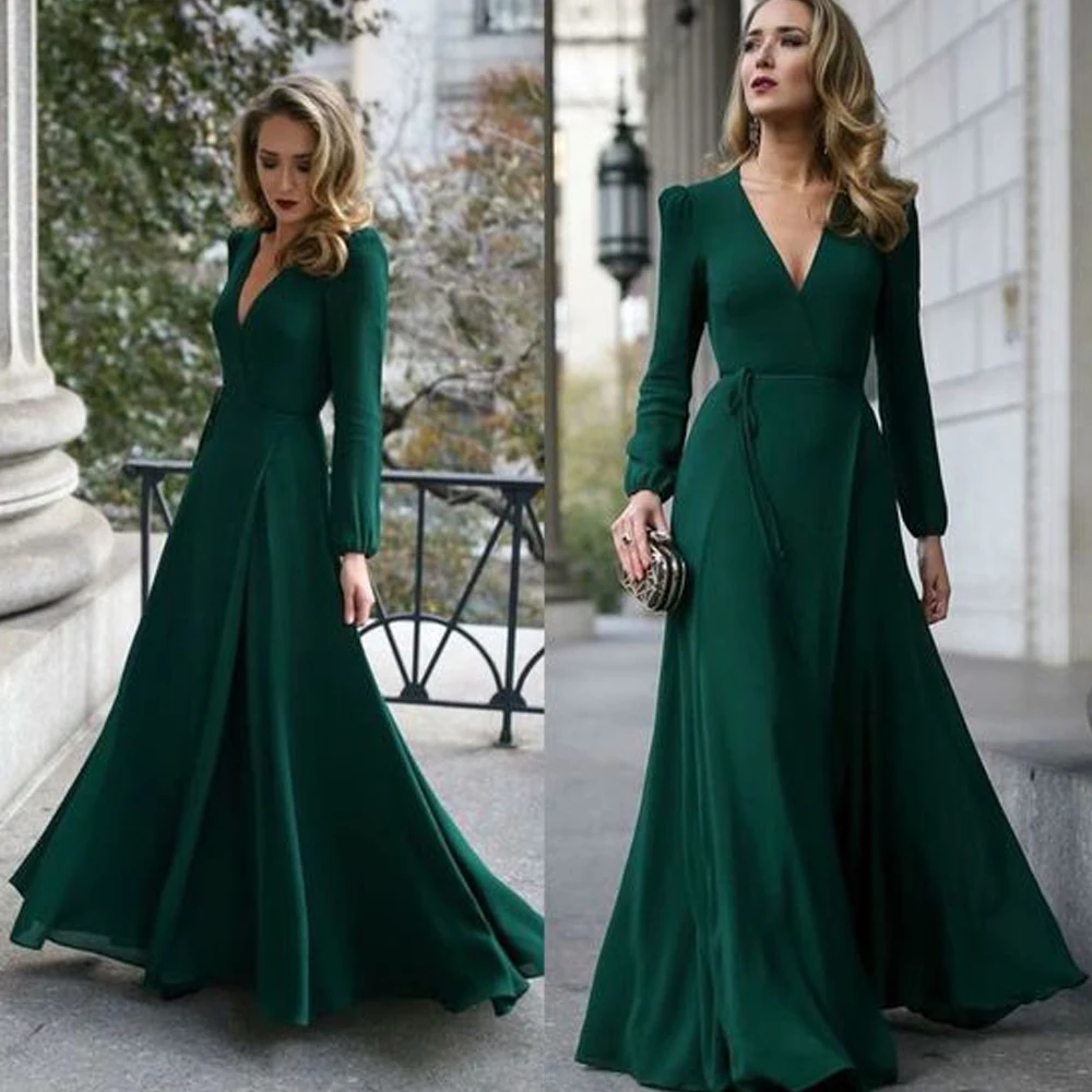 

green prom dresses 2020 deep v neck long sleeve chiffon floor length evening dresses arabic party dresses