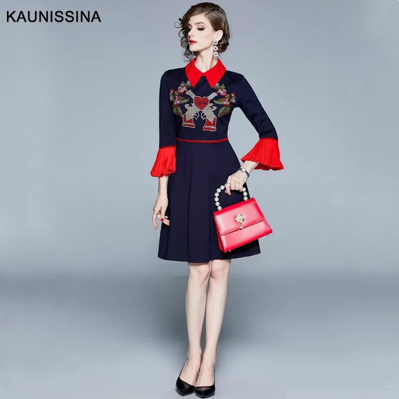 KAUNISSINA Cocktail Dress Embroidery Graduation Party Gown Turn Down Collar Flare Sleeve Retro European Luxury Dresses | Свадьбы и