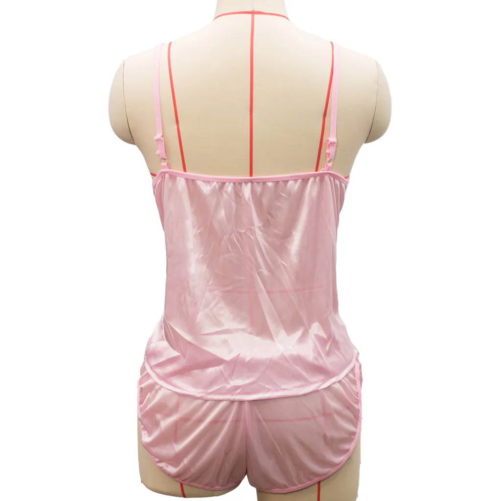 

Women Pajamas Set V-Neck Sexy-Lingerie Satin Silk Babydoll Solid Color Underwear Camisole Pajamas Shorts Set Sleepwear