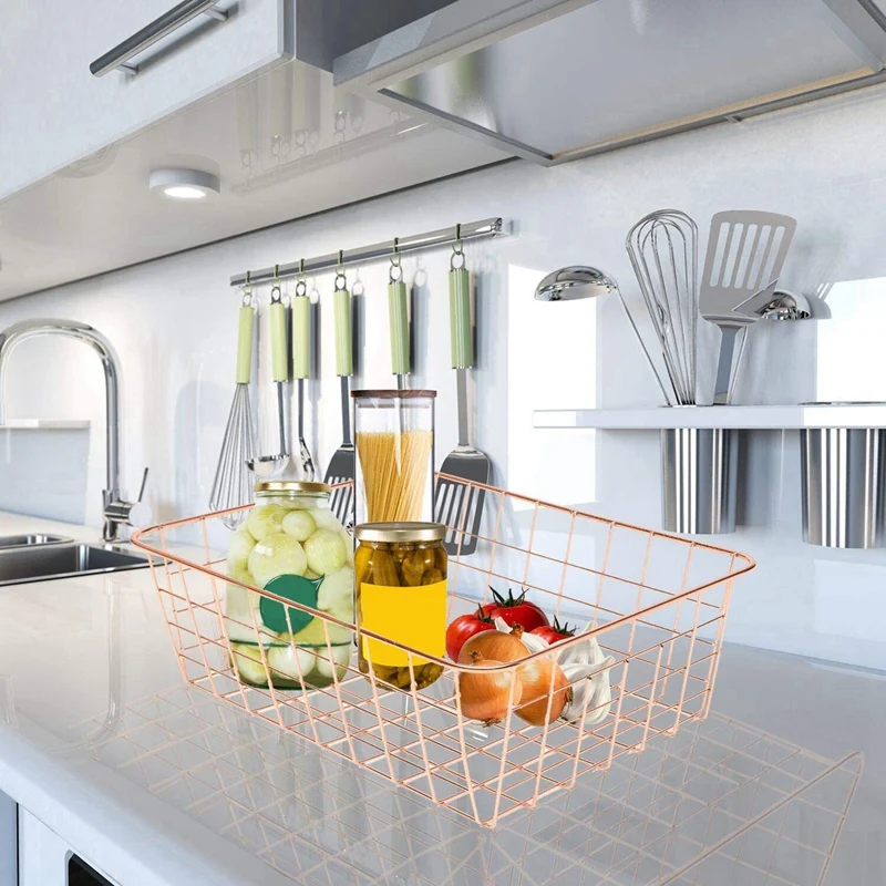 

Rose Gold 4 Pack Wire Basket Set,Storage Decor Crafts Kitchen Organizing.For Closets,Cabinets,Pantries,Office Storage