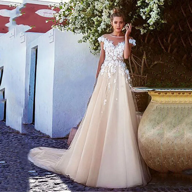 

MNGRL Wedding Dress Simple O-neck White Lace 3D Flower Bridal Dresses Sleeveless Backless Plus Size Tail Wedding Gown