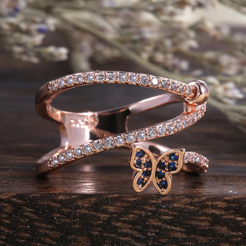 

Bohemian Personality Blue Zircon Butterfly Rings Luxury Rose Gold Color Cross Wedding Full Rhinestone Paved Ring D5M416