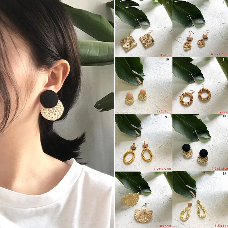 

Korea Style Handmade Bohemian Wooden Rattan Wicker Straw Drop Earrings for Women Girls Vintage Geometric Declaration Earrings