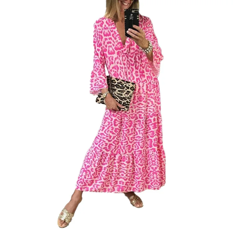 

2021 summer new European and American fashion ins women V collar pink leopard print long dress