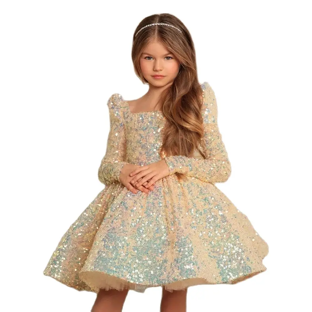 

Charming Flowers Girls Dresses Sequin Pleat Square Collar Full Sleeve Zipper Ball Gowns Novia Do 2021 New Party