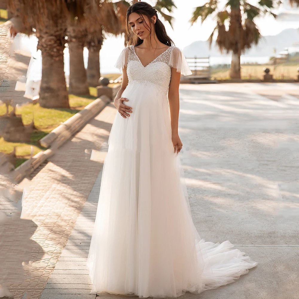 

A Line Tulle Wedding Dresses Plus Size V-Neck Short Sleeves Sequin Appliques 2021 Bride Gowns Vestido De Noiva