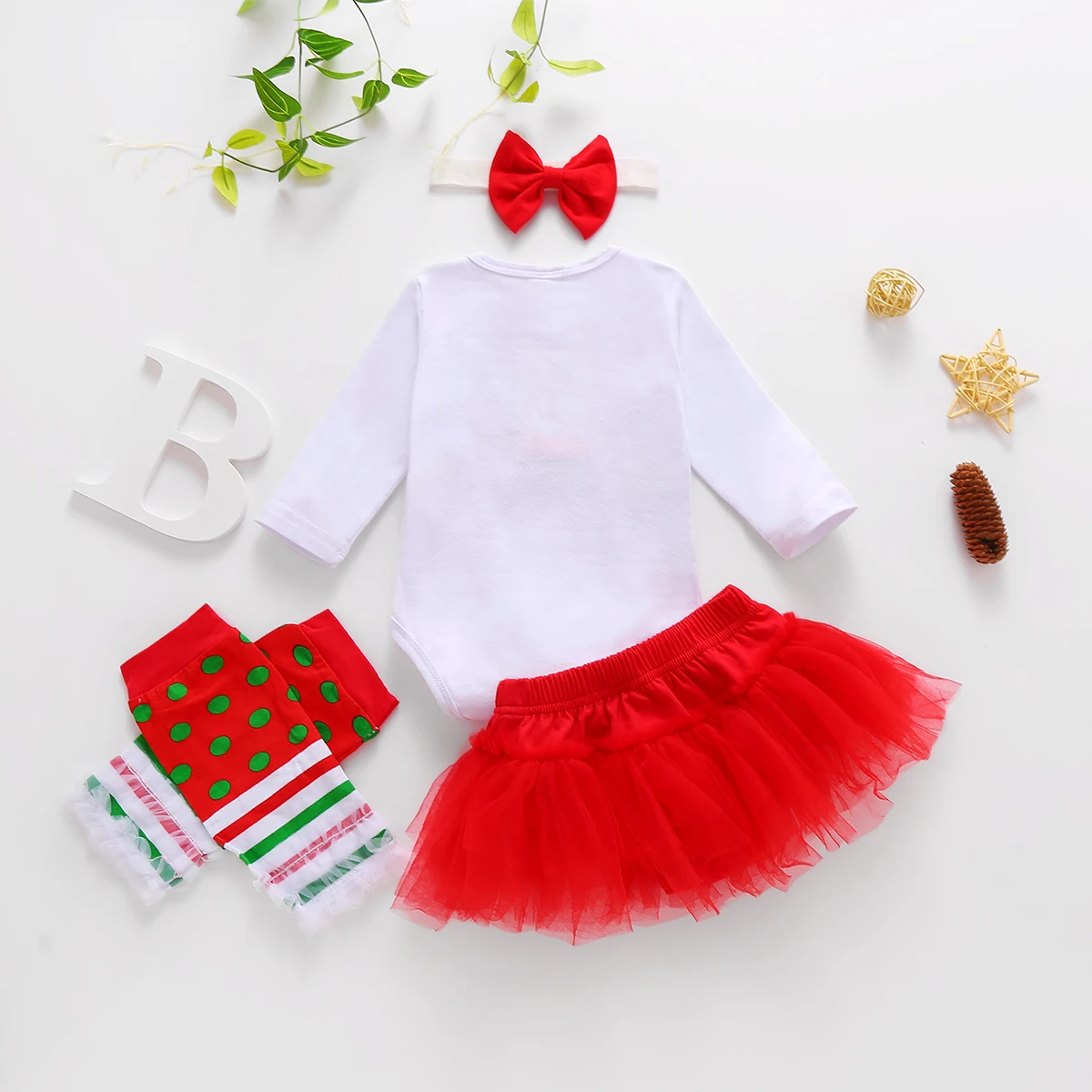 

0-24M Baby Girls Christmas 4Pcs Suit Clothing Infant Baby Long Sleeve Printed Romper+Solid Tutu Dress+Warm Leggings+Headband Set