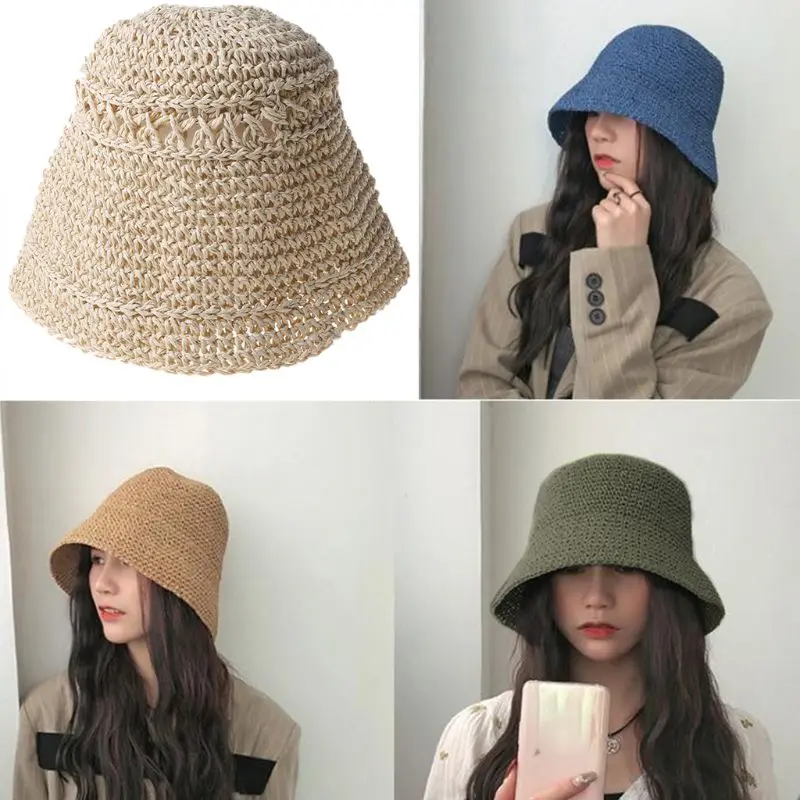 

Japanese Women Summer Weave Crochet Straw Bucket Hat Solid Color Sunscreen Breathable Dome Elegant Foldable Beach Fisherman