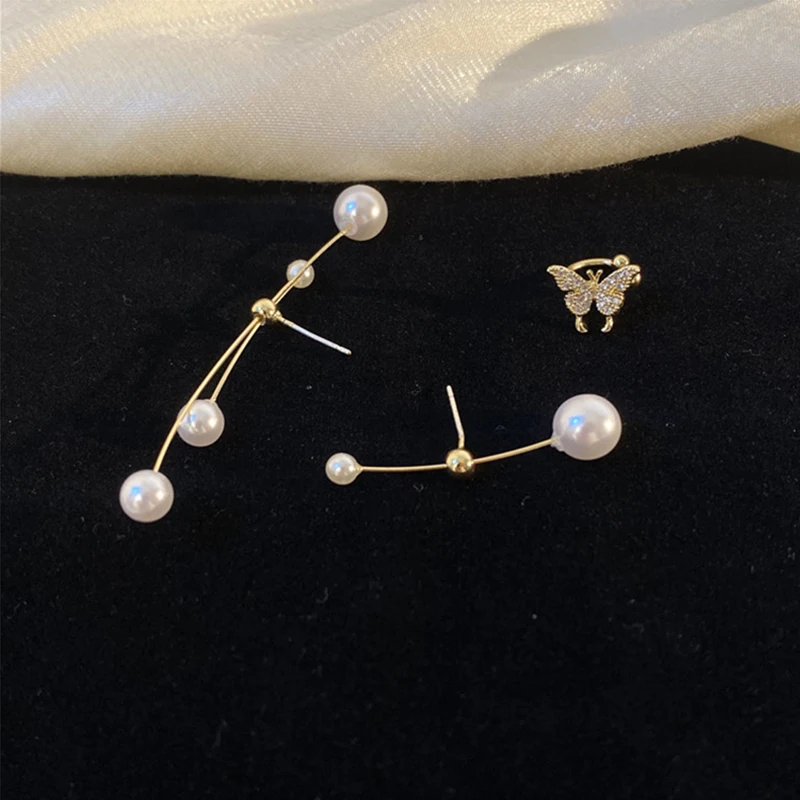 

2021 Fashion Asymmetry Pearl Metal Line Gold Color Stud Earrings For Women Charm Korean Elegant Zircon Butterfly Ear Jewelry