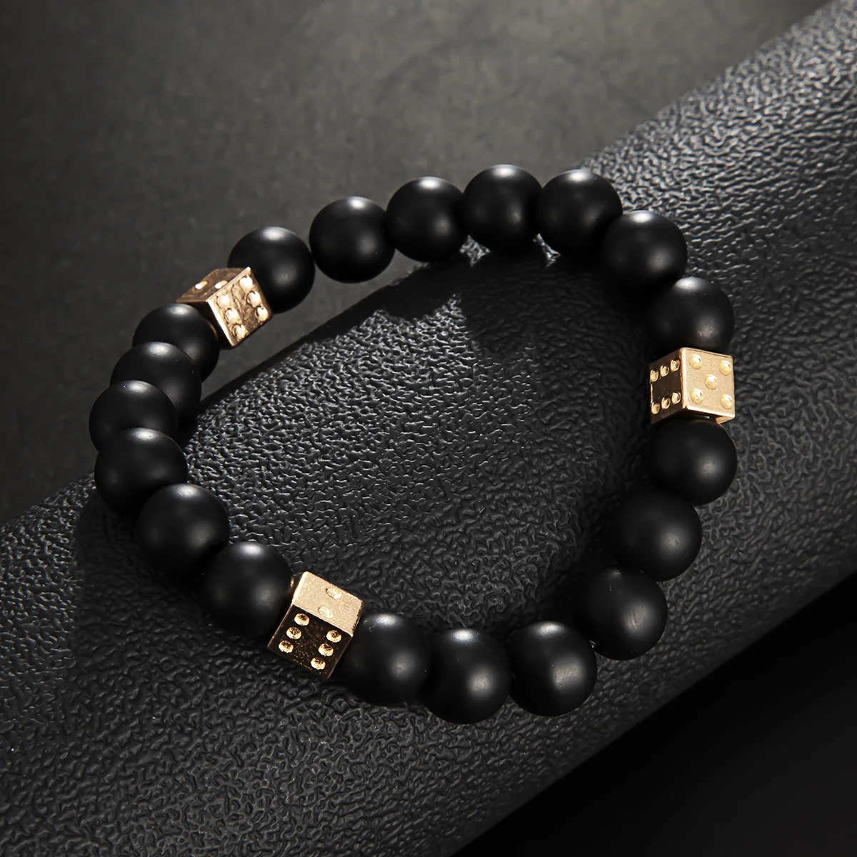 

KunJoe Vintage Black Color Natural Stone Beaded Bracelet For Men Hip Hop Charm Gold Color Dice Chain Bracelet Bangles Jewelry