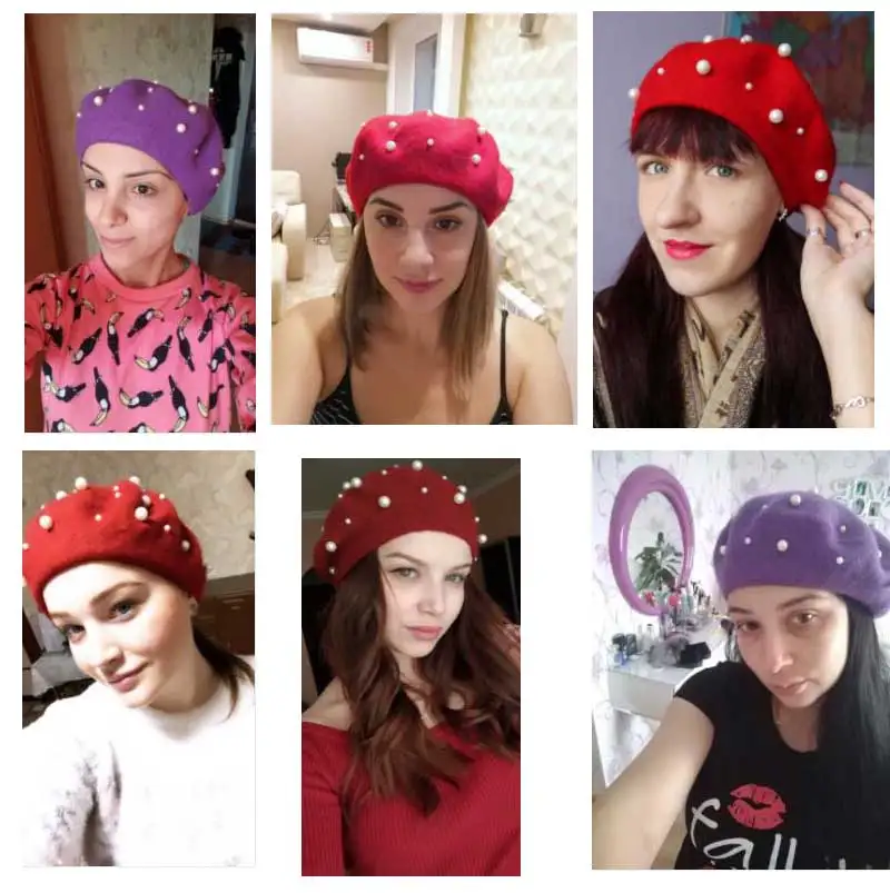 Женский роскошный берет с жемчугом кашемировый заклепками женские теплые модные