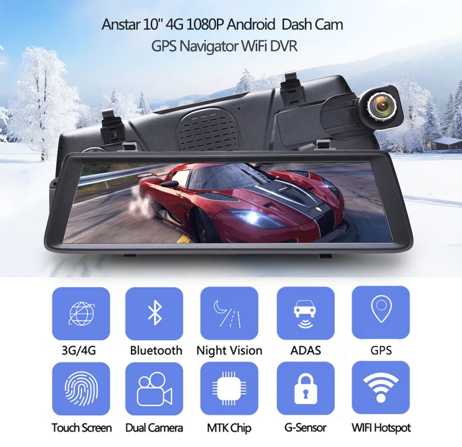 Anstar 10" 4G Android Mirror Car DVR 1080P Video Record GPS Navigation Dash Cam WiFi Dual Lens Registrar Auto Camera