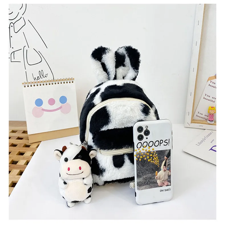 Childrens Backpack Striped Plush Cow Design Cartoon Princess Autumn Winter Shoulders Bag