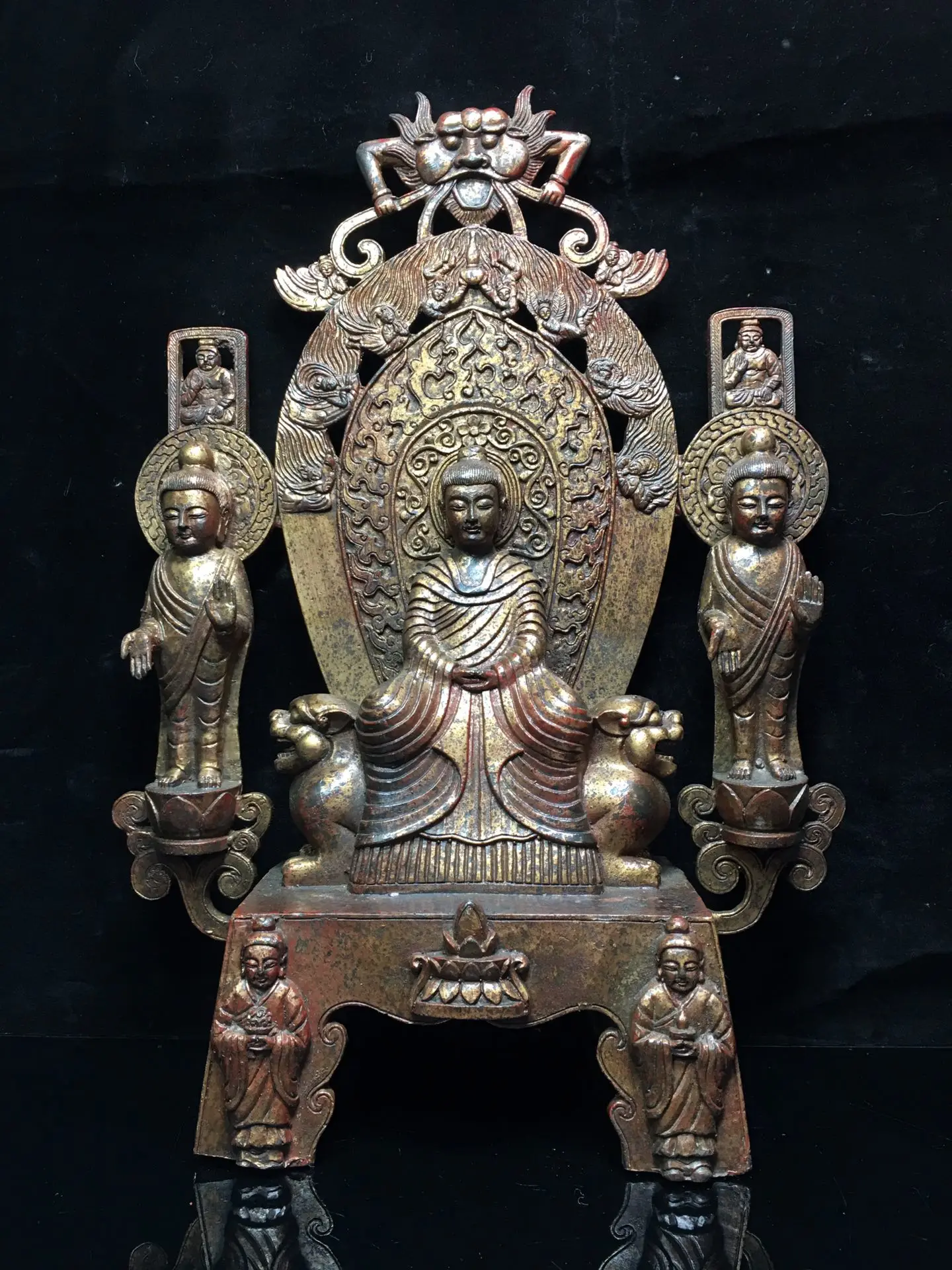 

15" Tibet Buddhism Old Bronze Cinnabar Lacquer Northern Wei Buddha Shakyamuni Buddha Statue Left and right guardian Buddha