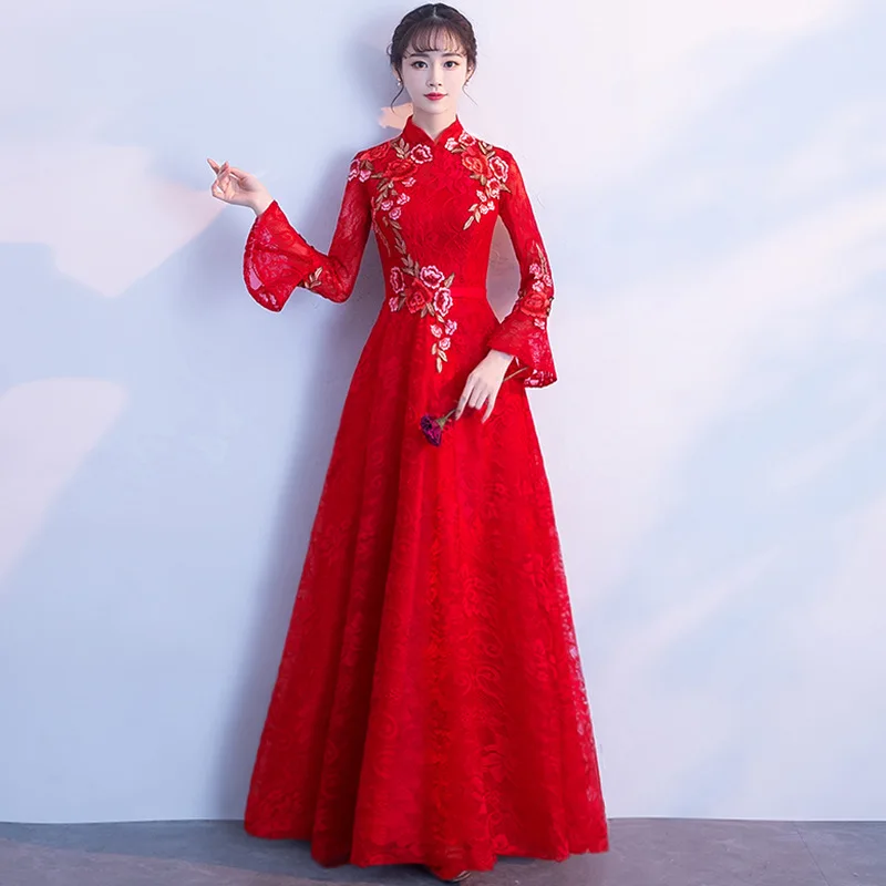 

Традиционное китайское платье с воротником-стойкой, длинное Кружевное платье-Ципао с цветочным принтом, пикантное вечернее праздничное пл...