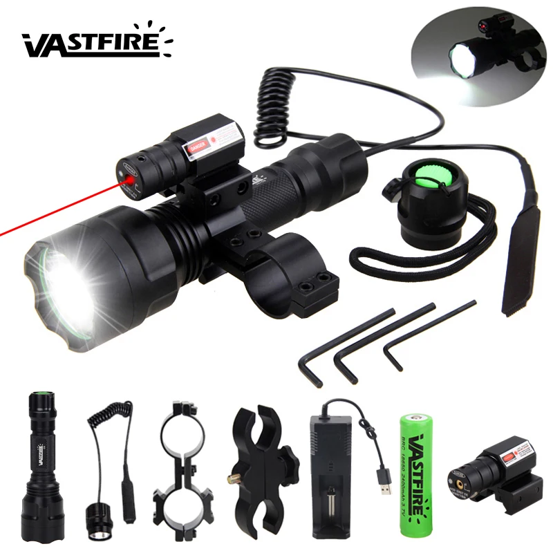 

200 Yards Tactical Hunting Flashlight C8 LED Rifle Gun Light+Laser Dot Sight Scope+Switch+2*20mm Rail Barrel Mount+18650+Charger