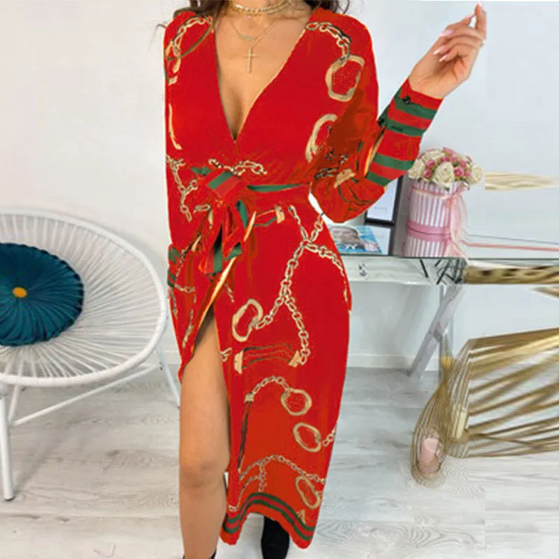 

Spring Sexy Women Deep V-neck Shirt Dress Autumn Long Sleeve Chain Print Mid-calf Dresses Laides Lace Up Party Dresses Clubwear