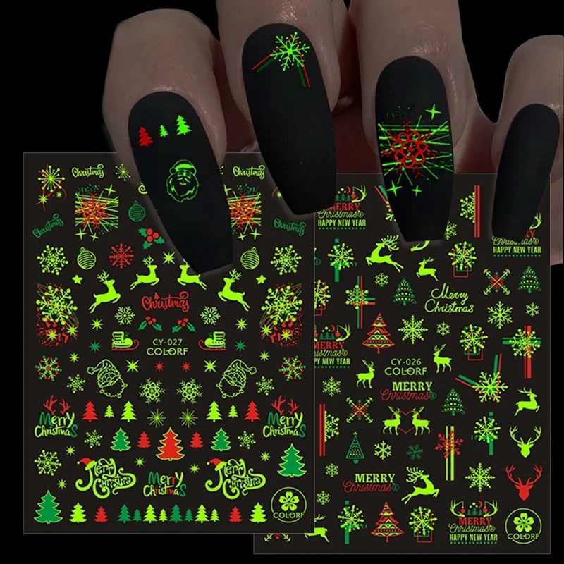 

10Pcs 3D Luminous Nail Stickers Fluorescent Xmas Winter Sliders Glow in the Dark Manicure Decals BECY019-027