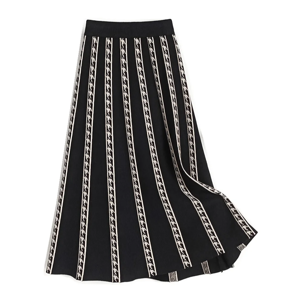 

GTGYFF Houndstooth Striped Knit Midi Skirts For Women Autumn Winter 2021 Vintage Thickening Warm Knitted Skirt Black Faldas Saia