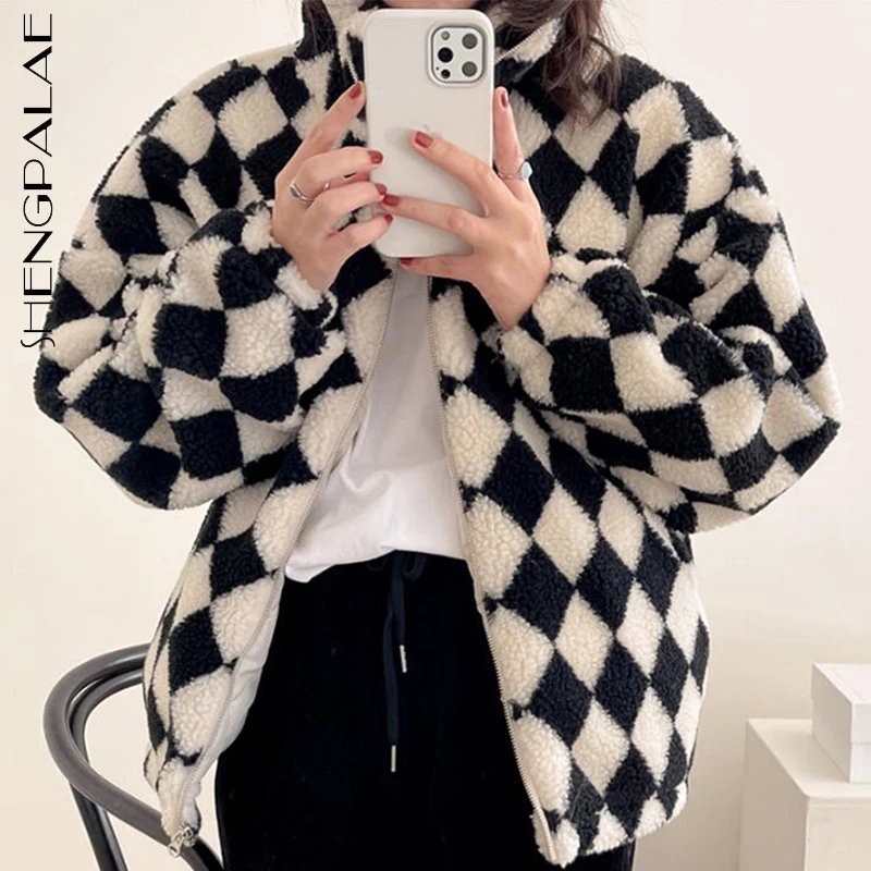 

SHENGPALAE Fashion Cotton Padded Jacket Women's Winter 2021 New Argyle Stand Collar Loose Zipper Long Sleeve Warm Coat Tide