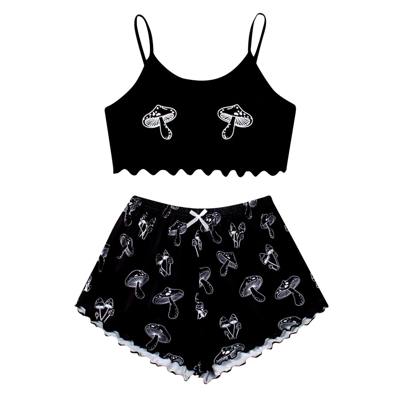 

Women Pajamas 2 Pieces Cute Mushroom Print Sleepwear Set Sexy V-neck Pyjama Pour Femme Sling Cami And Shorts Cotton Pijama Mujer