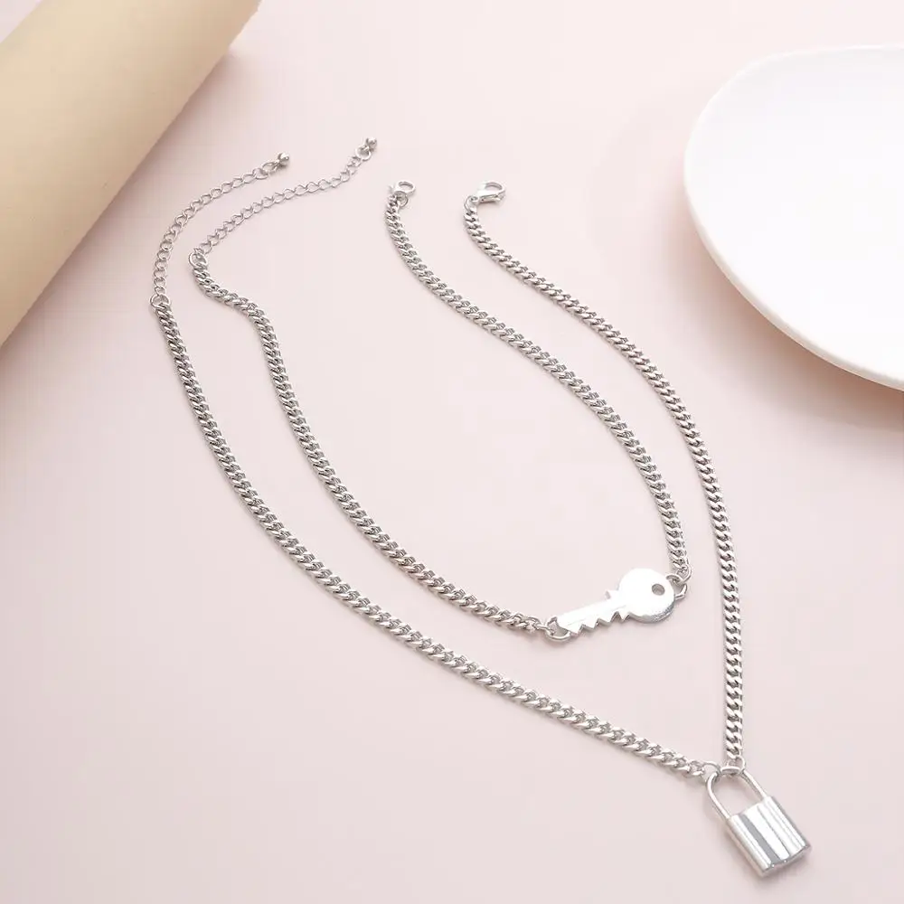

IngeSight.Z 2Pcs/Set Multi Layered Punk Lock Key Choker Necklace Collar Statement Padlock Pendant Necklace for Women Men Jewelry