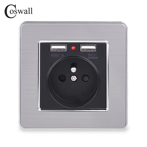 Coswall двойной usb зарядный порт 5 в 2.1A светодиодный индикатор 16A французская настенная розетка панель из нержавеющей стали Серый Черный Белый Золотой - Тип: Black