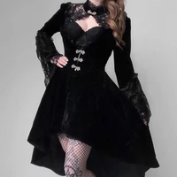 womens autumn new dress goth punk trend dark style waist solid color asymmetric design sense flared sleeve lace long dresses