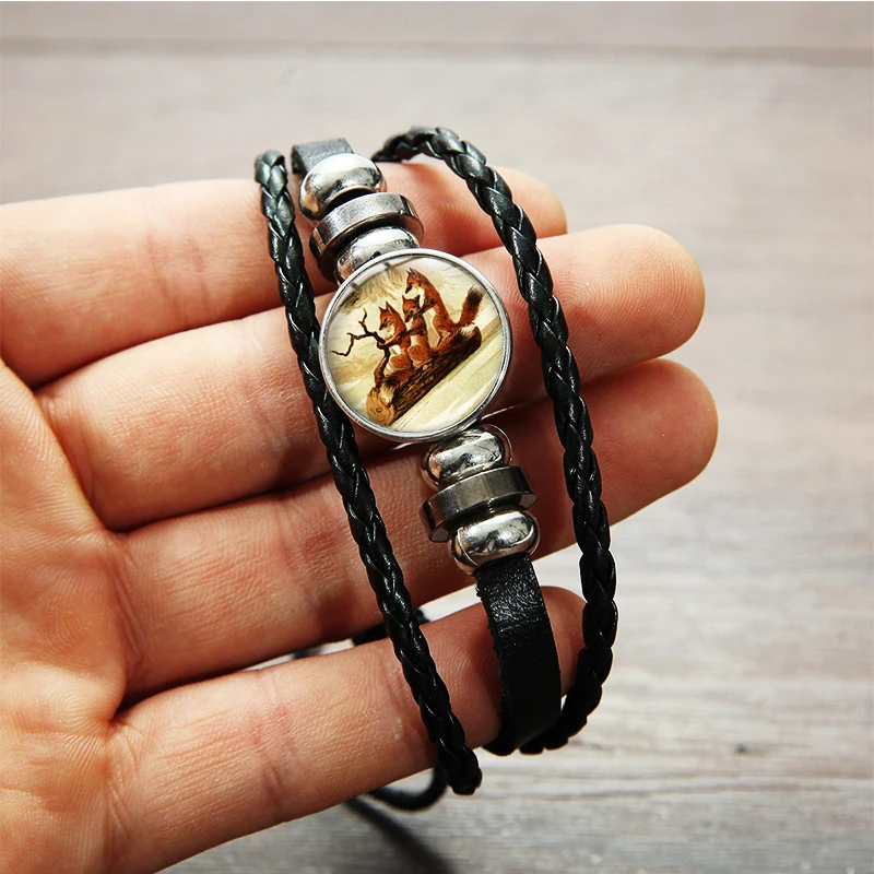 SIAN Cartoon Three Fox In The Forest Bracelet Red Funny Photo Cabochon Handmade Leather Braided Bracelets Wristband for Kids | Украшения и
