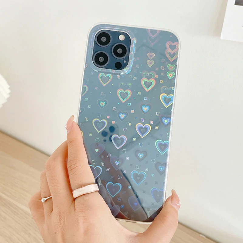Модный прозрачный чехол с градиентным лазерным рисунком сердца для iPhone 12 11 Pro XS Max