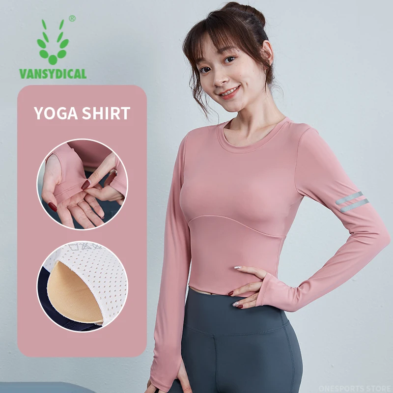 VANSYDICAL Running Shirt With Bra Women Striped Printing Crop Top Sportswear For Gym Clothing Yoga Fitness Workout Shirt Female