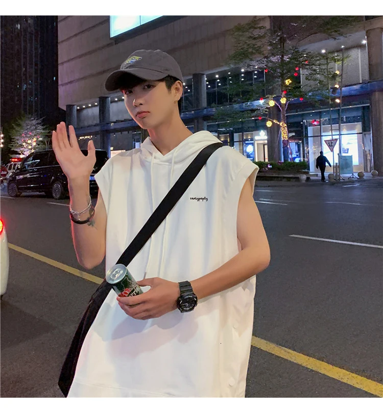 

Summer Vest Korean Style Men's Hoodie Casual Big Size Hip Hop SleevelesssT-Shirt Loose Letter Printed Chic Tops
