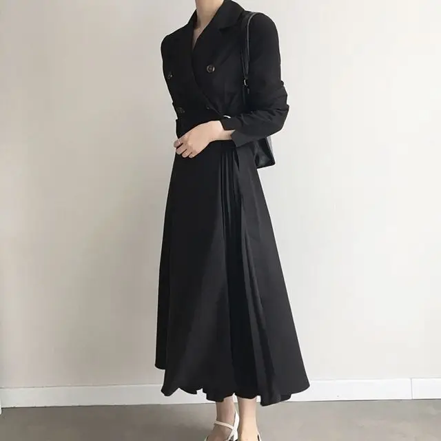 

Autumn New Style Elegant Simple Double Breasted Waist Hugging Slimming Bandage Cloth Long Pleated Long-sleeved Dress