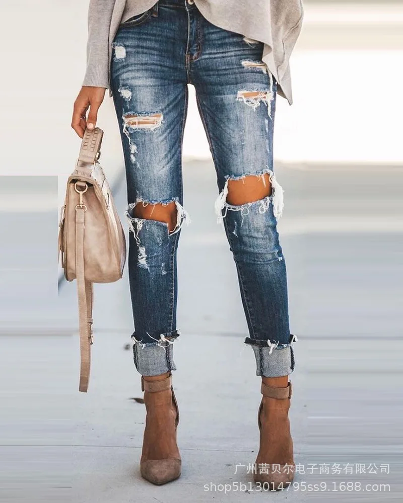 

Wepbel Women Retro Jeans High Waist Stretch Ripped Ankle-Tied Slimming Jeans Trousers Summer Washed Skinny Pencil Denim Pants